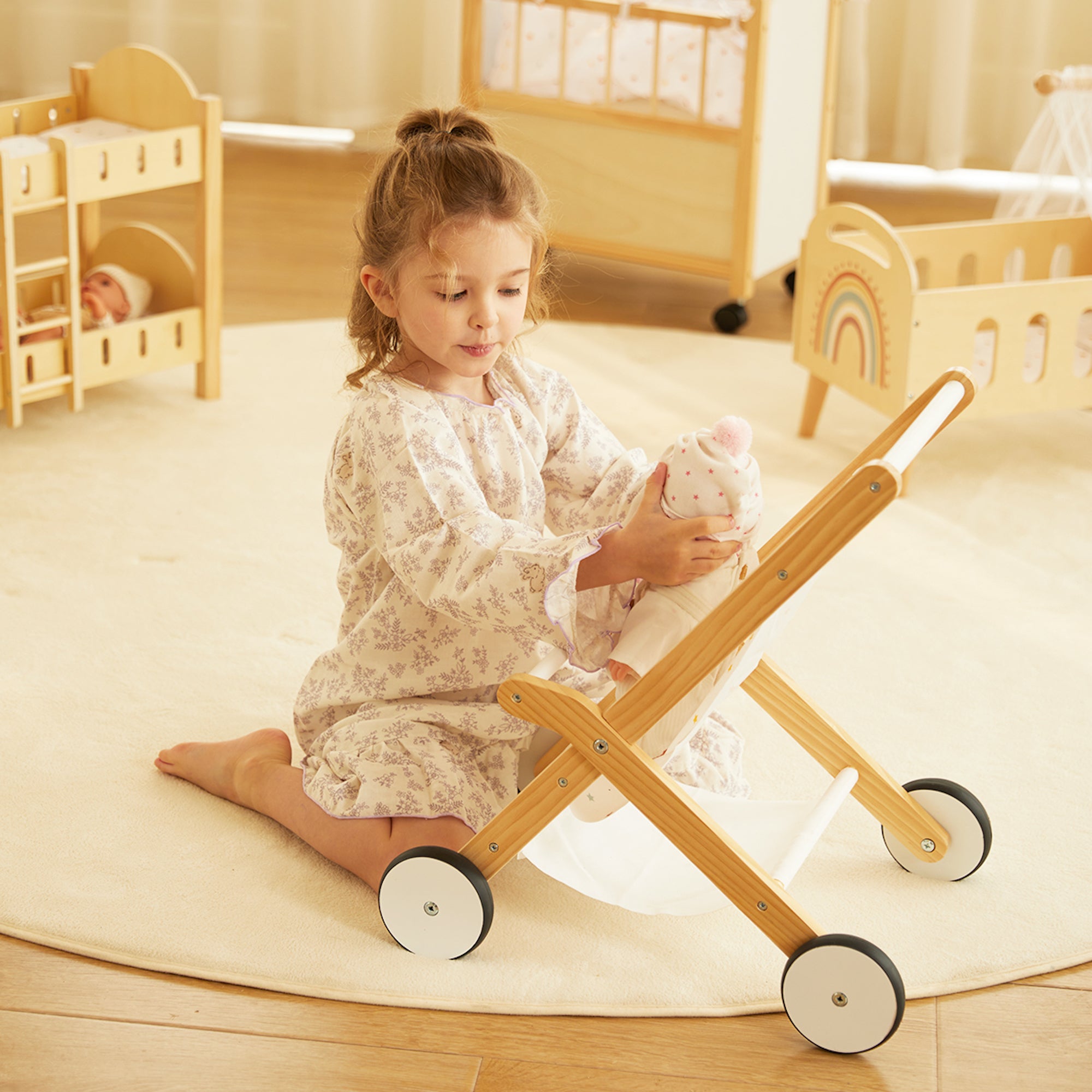 Cărucior pentru Păpuși Montessori din Lemn pentru Copii – Joc de Rol și Imaginație – Maison G