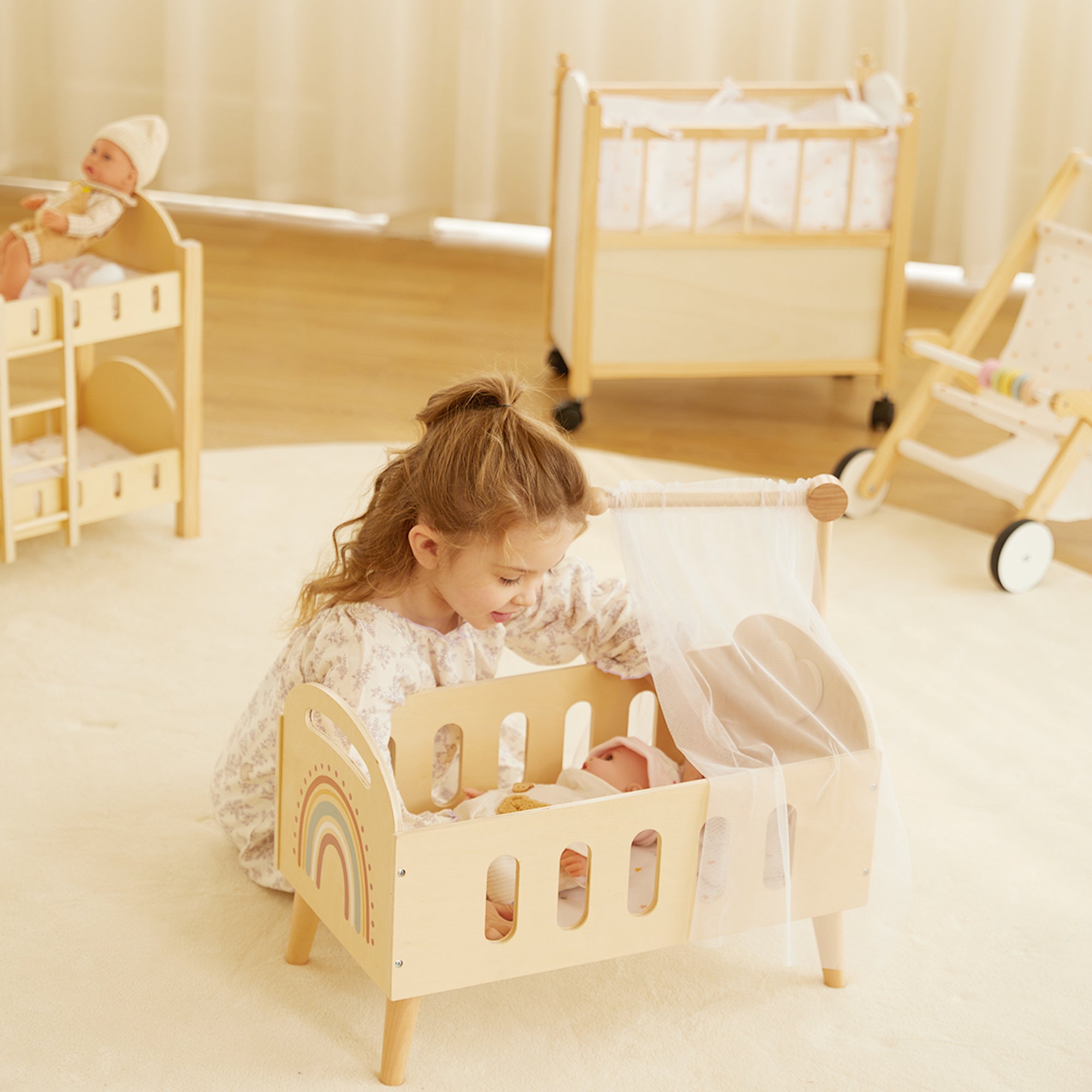 Pătuț pentru Păpuși Montessori din Lemn pentru Copii – Joc de Rol și Imaginație – Maison G