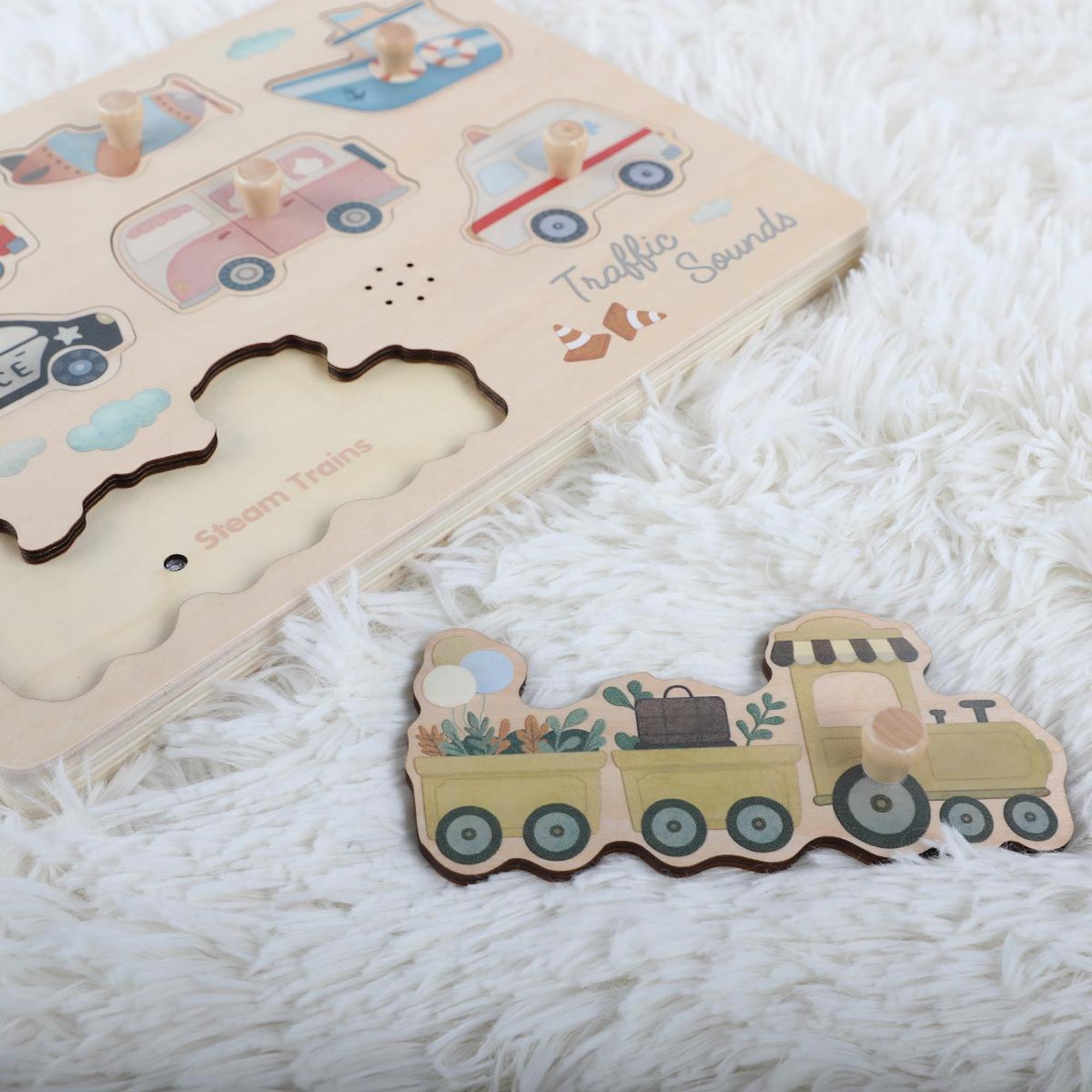 Puzzle Sonor Montessori din Lemn – Vehicule – Jucărie Educativă pentru Copii – Maison G