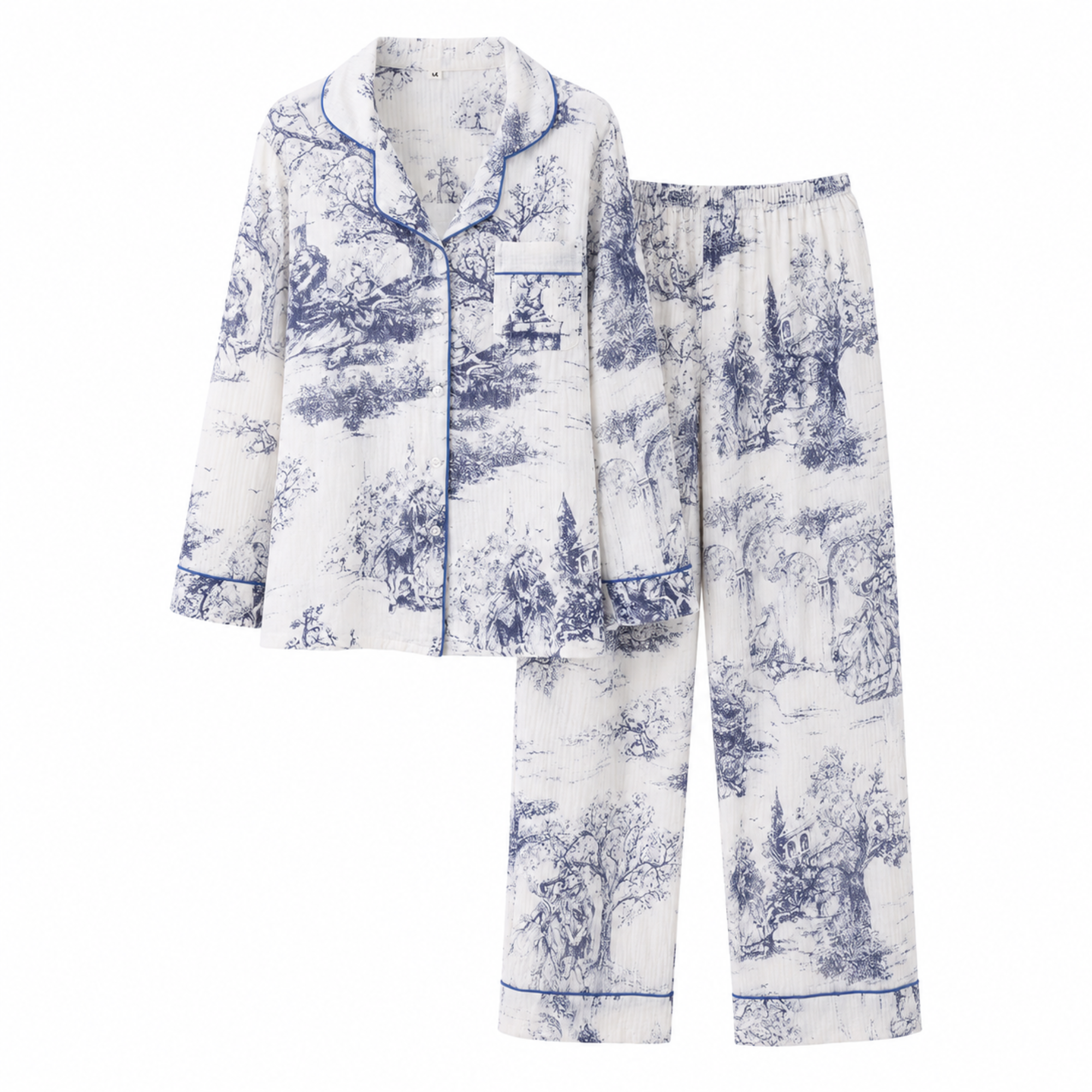Pijama Lungă din Muselină de Bumbac pentru Femei cu Imprimeu Toile de Jouy – Albastră – Maison G