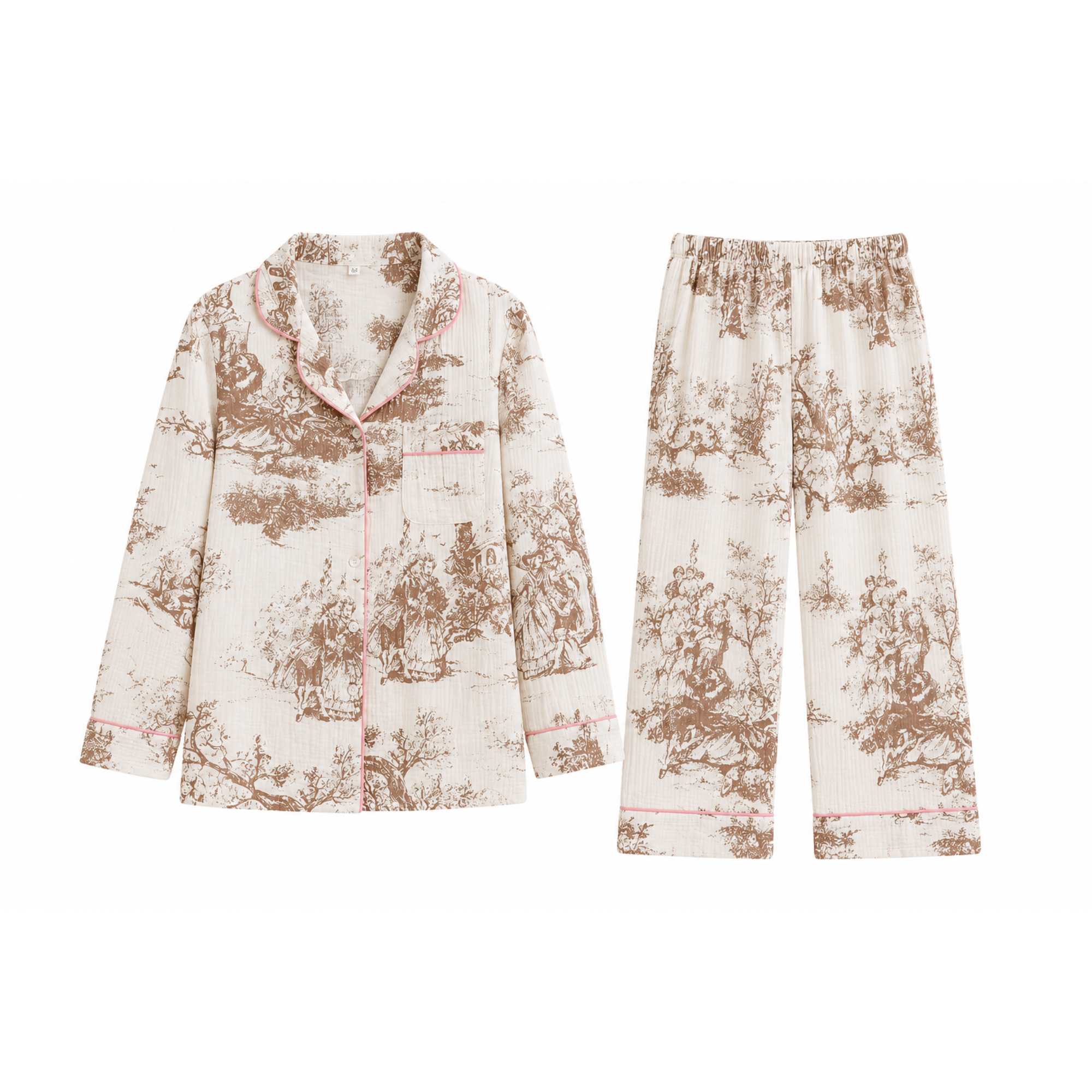 Pijama Lungă din Muselină de Bumbac pentru Femei cu Imprimeu Toile de Jouy – Bej – Maison G