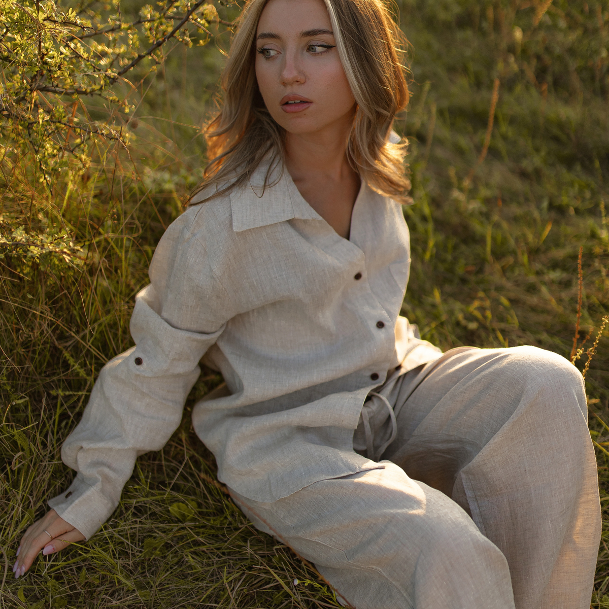 Compleu Sunday din in 100% cu cămașă și pantaloni lungi – Maison G
