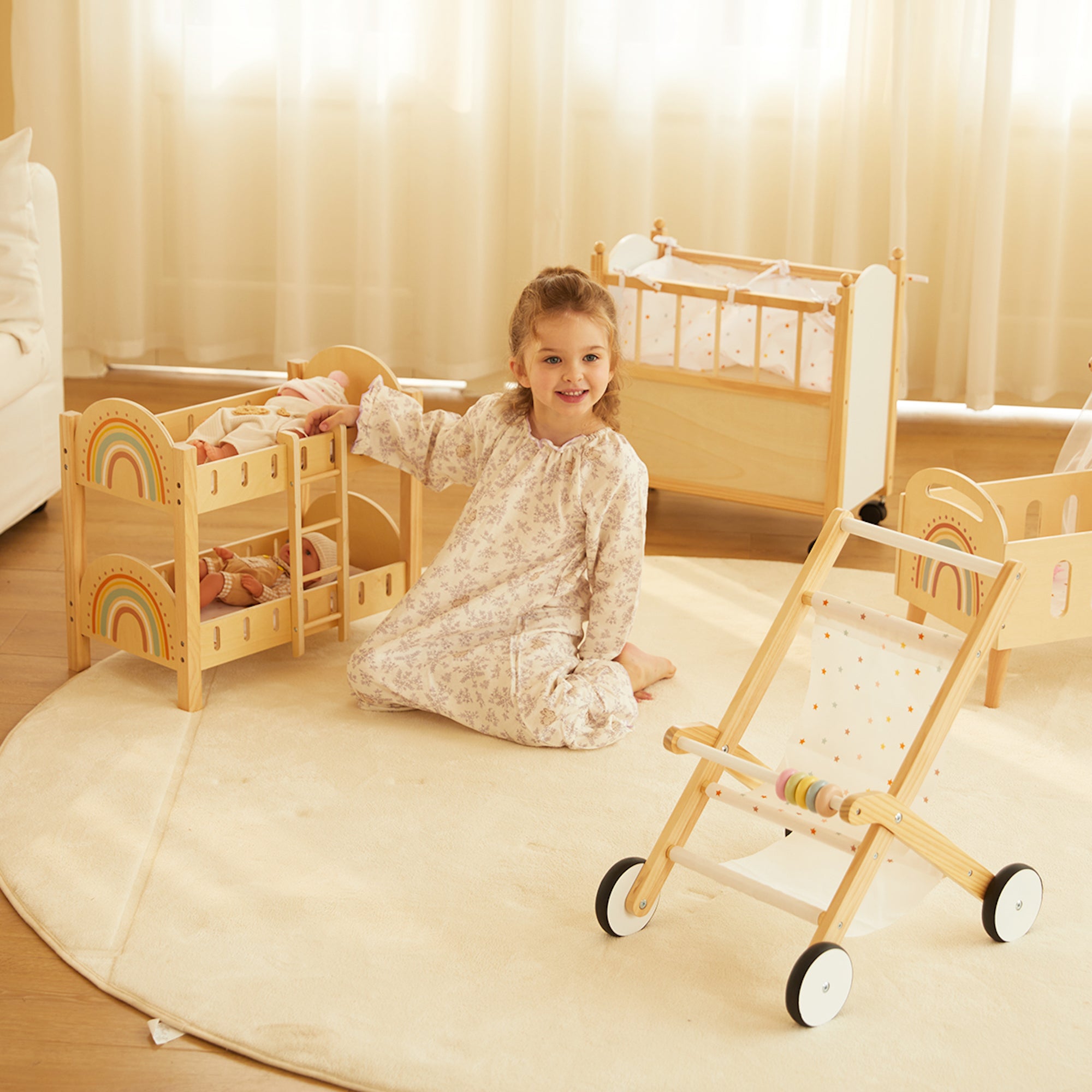 Cărucior pentru Păpuși Montessori din Lemn pentru Copii – Joc de Rol și Imaginație – Maison G