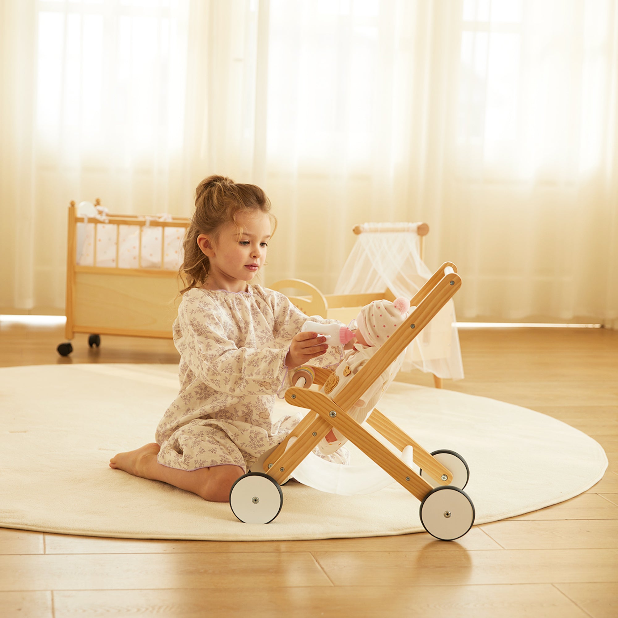 Cărucior pentru Păpuși Montessori din Lemn pentru Copii – Joc de Rol și Imaginație – Maison G