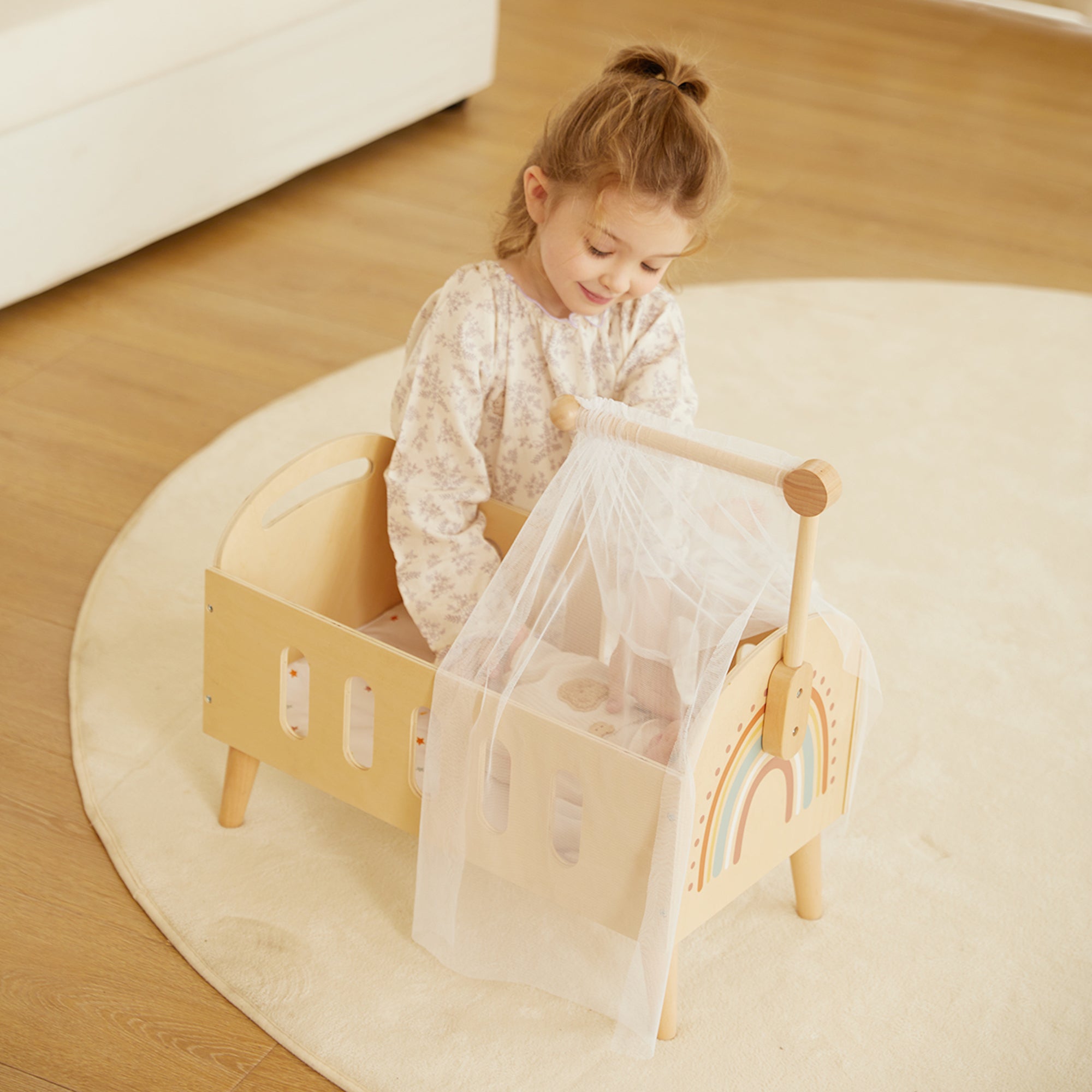 Pătuț pentru Păpuși Montessori din Lemn pentru Copii – Joc de Rol și Imaginație – Maison G