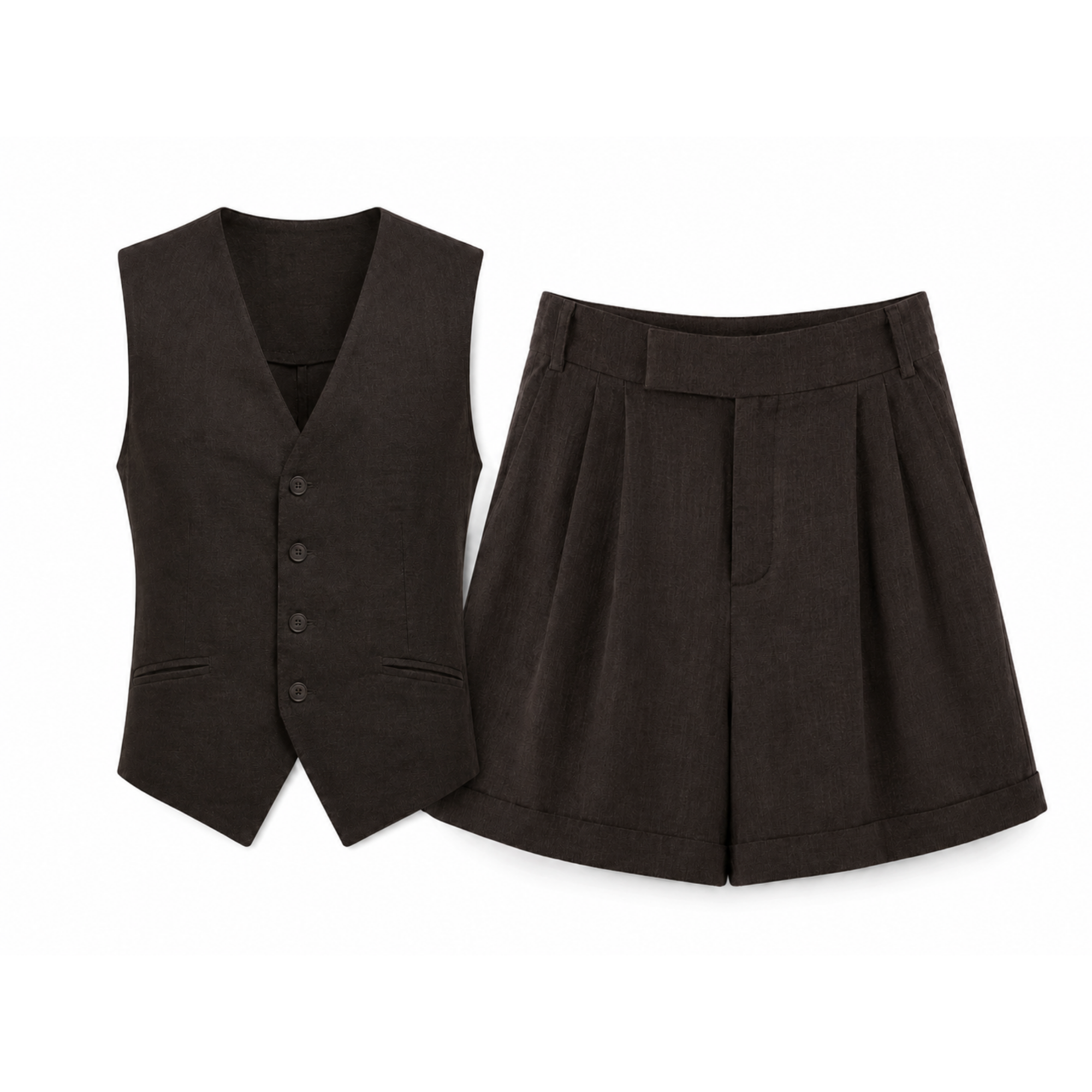 Compleu Vacay din in 100% cu vestă și pantaloni scurți – Maison G