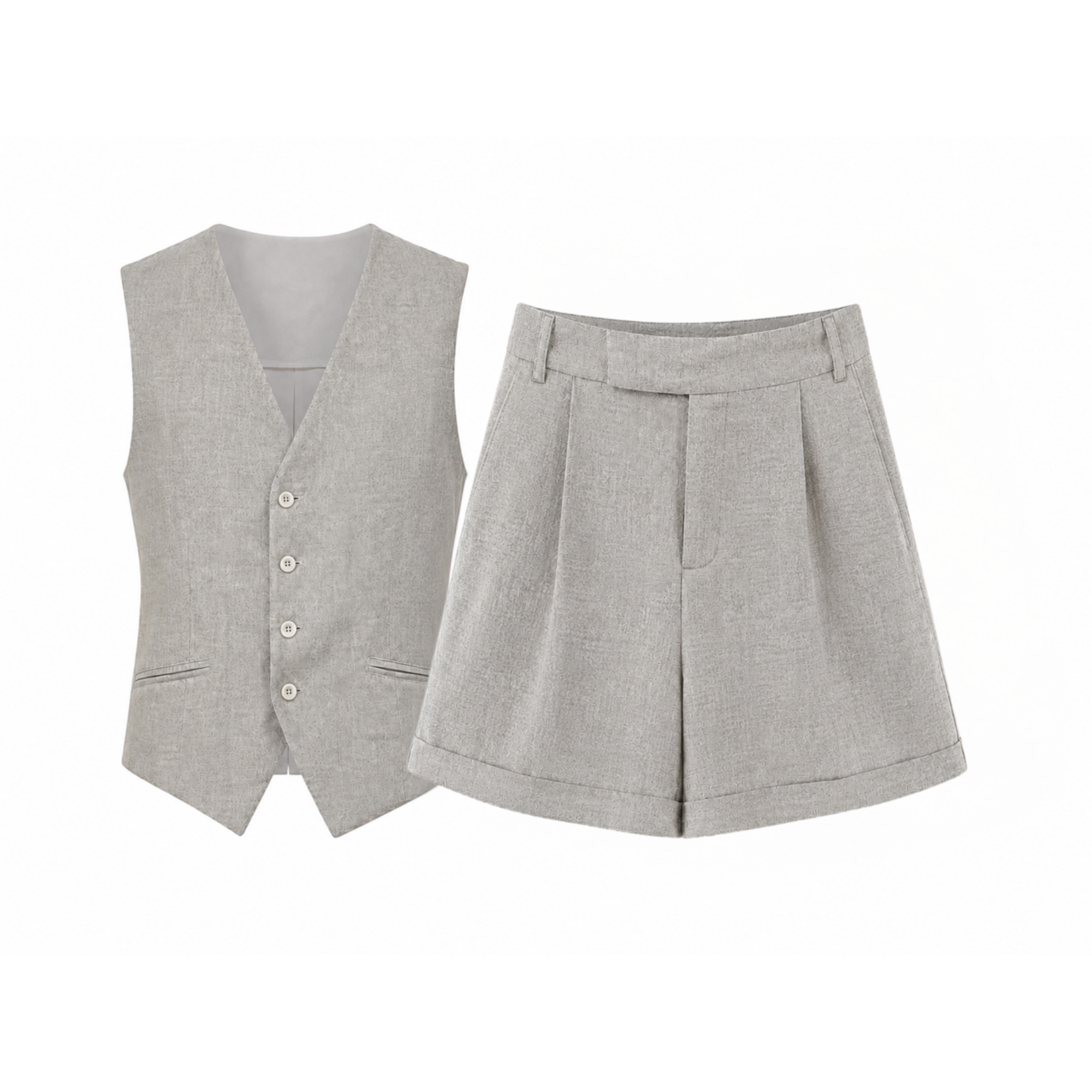 Compleu Vacay din in 100% cu vestă și pantaloni scurți – Maison G
