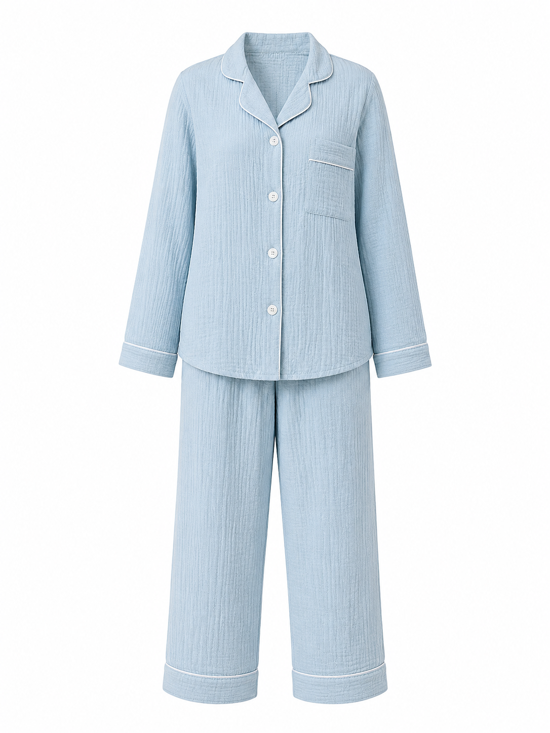 Pijama Lungă din Muselină de Bumbac pentru Femei – Albastră – Maison G