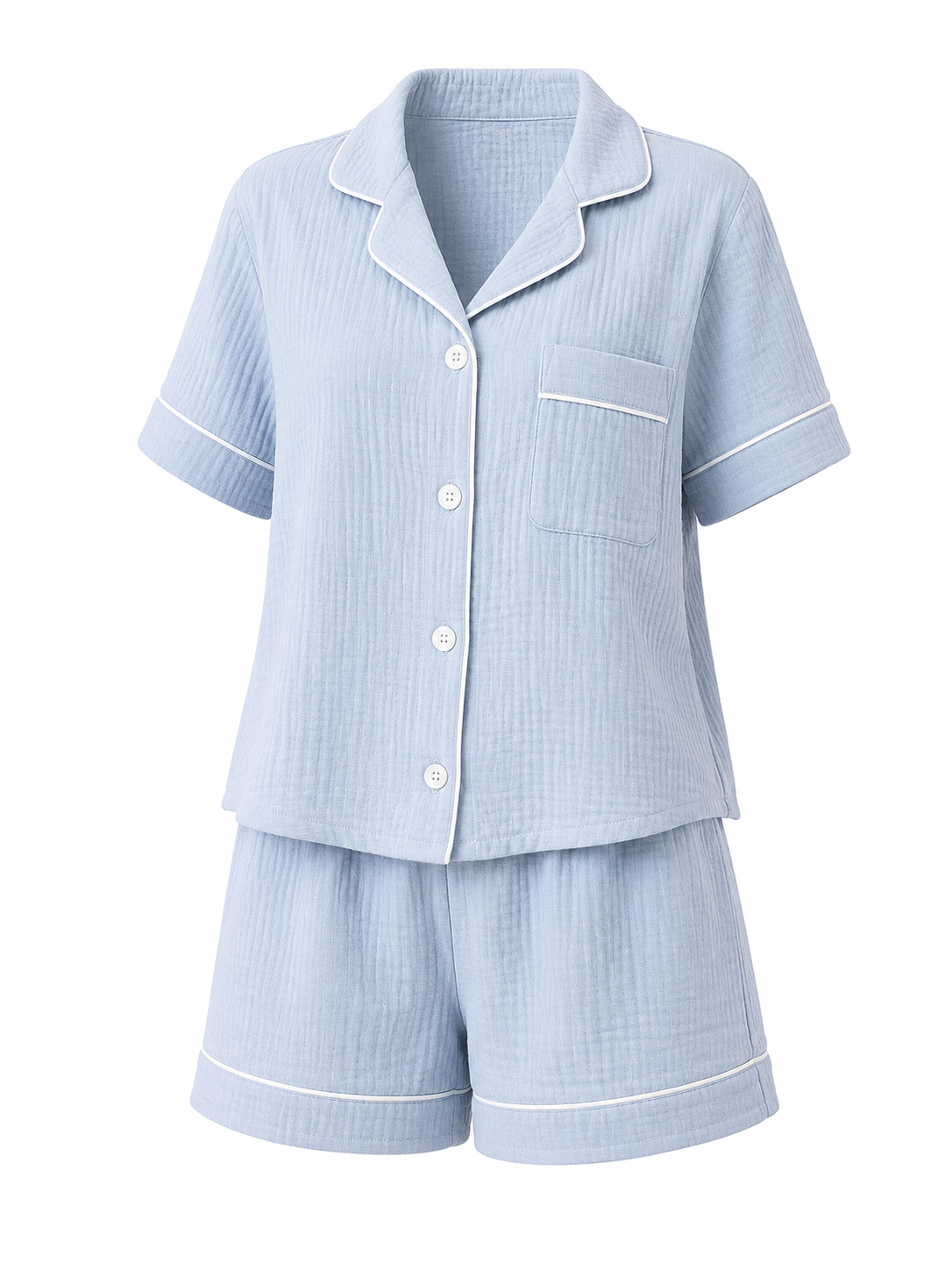 Pijama Scurtă din Muselină de Bumbac pentru Femei – Albastră – Maison G