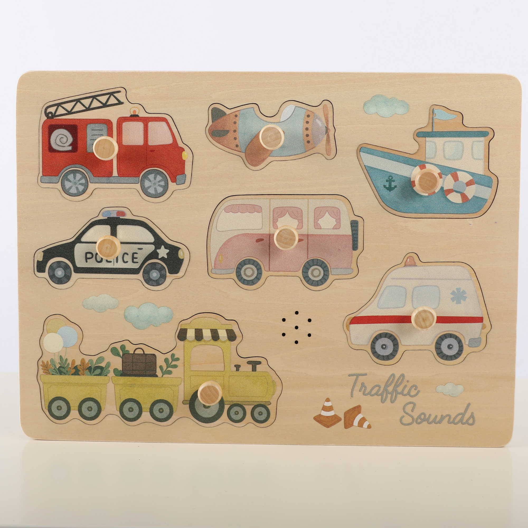 Puzzle Sonor Montessori din Lemn – Vehicule – Jucărie Educativă pentru Copii – Maison G