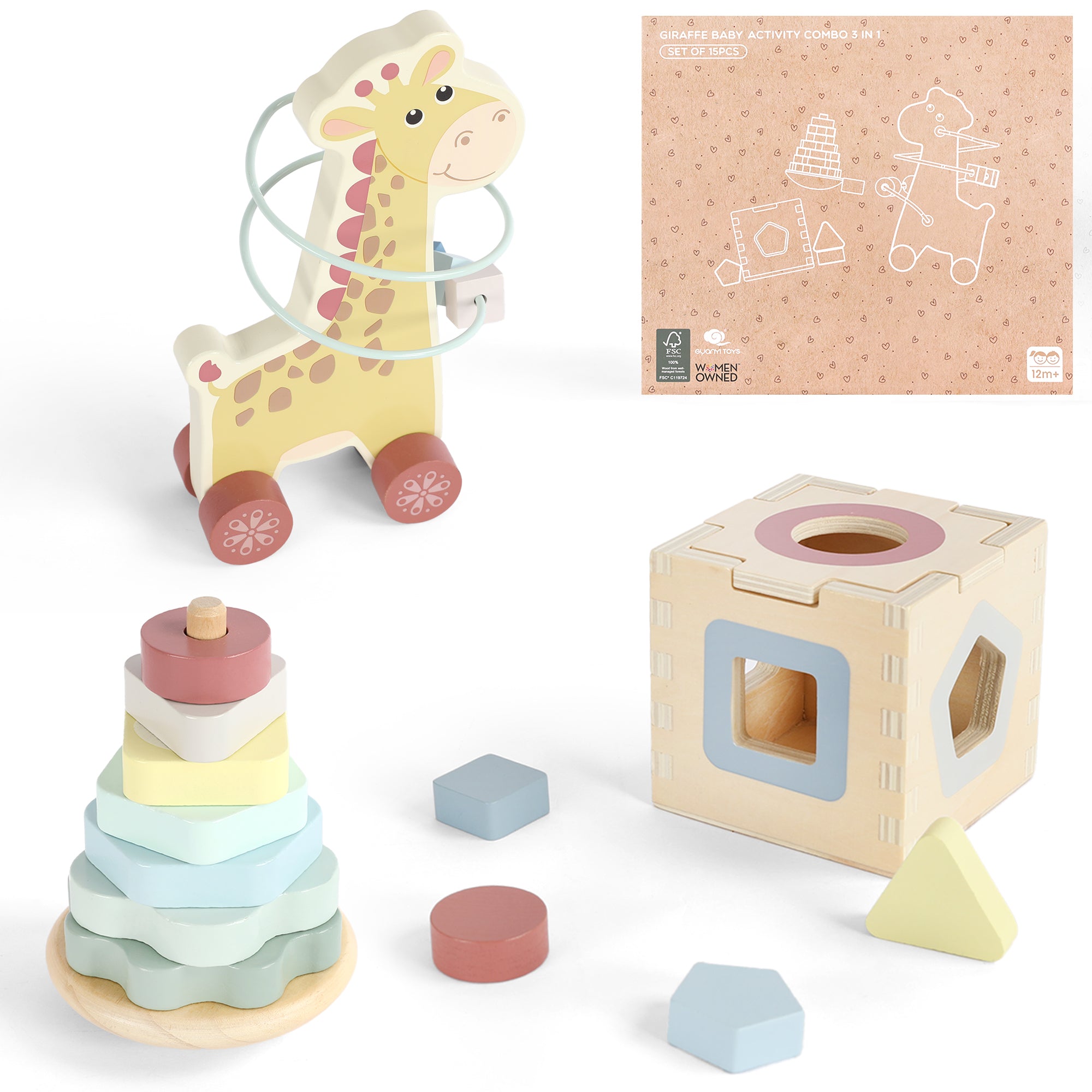 Set Montessori Senzorial 3 în 1 cu Girafă pentru Bebeluși – Dezvoltarea Simțurilor și a Motricității – Maison G