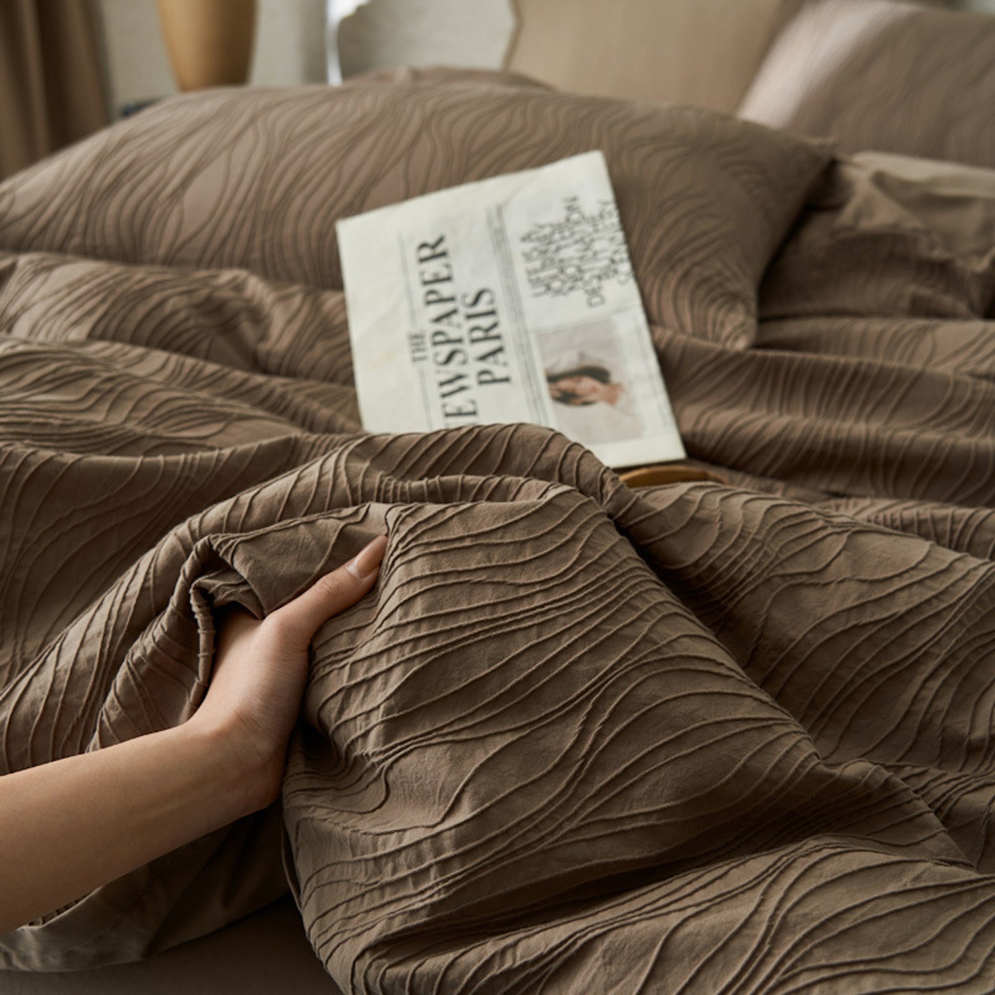 Lenjerie de pat din bumbac 100% cu textură reliefată Maison G - Taupe
