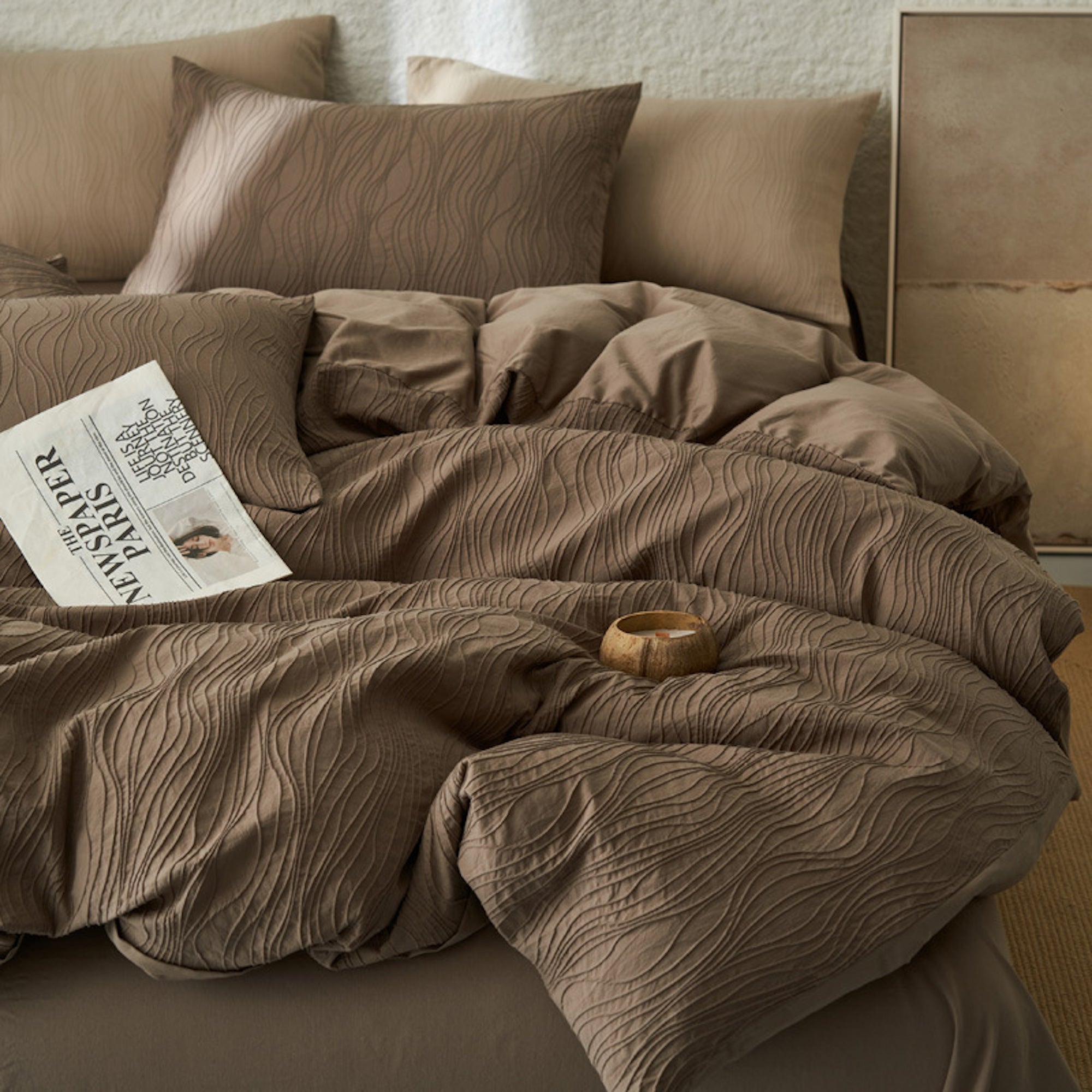 Lenjerie de pat din bumbac 100% cu textură reliefată Maison G - Taupe